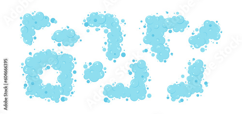 Cartoon soap bubble border, foam frame, blue shower suds, laundry background, wash shampoo, shower bath, water soda, air icon set isolated on white background. Fun abstract vector illustration