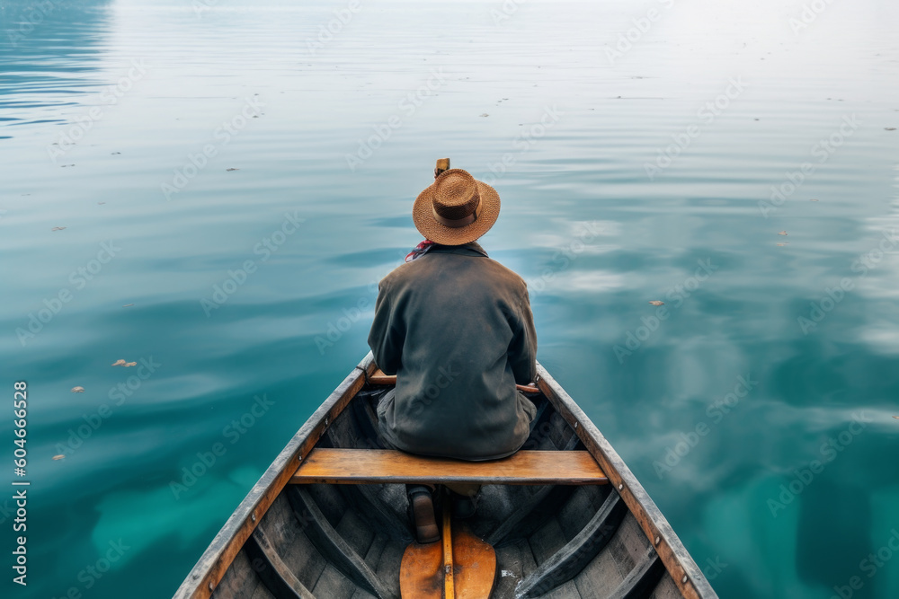 Tranquil water travel concept. Calm and serene view of a person in a boat, perfect for travel or adventure themes. Generative AI Technology. Tranquil water travel concept. Calm and serene view of a person in a boat, perfect for travel or adventure themes. Generative AI Technology.