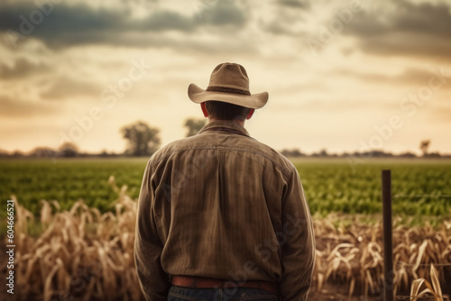 Rural farming concept. Serene and peaceful scene of a farmer in a hat observing his crops, great for agriculture or countryside themes. Generative AI Technology.