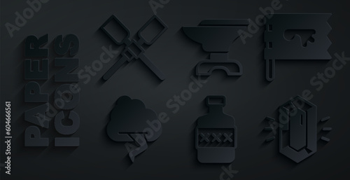Set Whiskey bottle, Viking flag, Cloud and lightning, Gem stone, Anvil for blacksmithing and Oars paddles boat icon. Vector