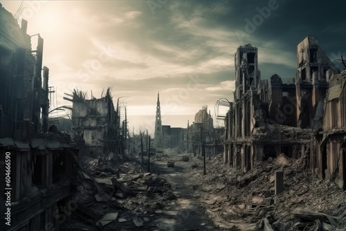 Ruins of an empty city, damaged in the war, in the style of surrealistic horror. Generative AI.