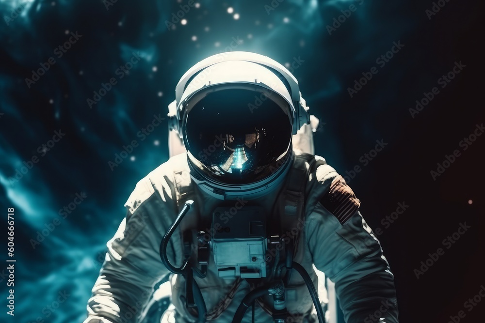 An astronaut in outer space, in the style of futuristic sci-fi aesthetic, dark cyan and white. Generative AI.