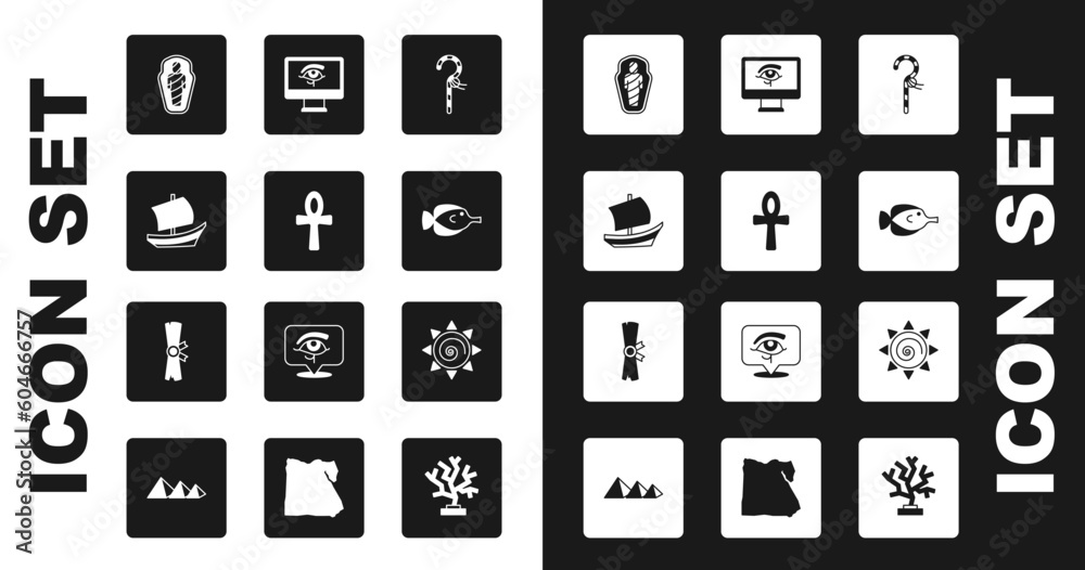 Set Crook, Cross ankh, Egyptian ship, mummy in sarcophagus, Butterfly fish, Eye of Horus on monitor, Sun and Papyrus scroll icon. Vector Set Crook, Cross ankh, Egyptian ship, mummy in sarcophagus, Butterfly fish, Eye of Horus on monitor, Sun and Papyrus scroll icon. Vector