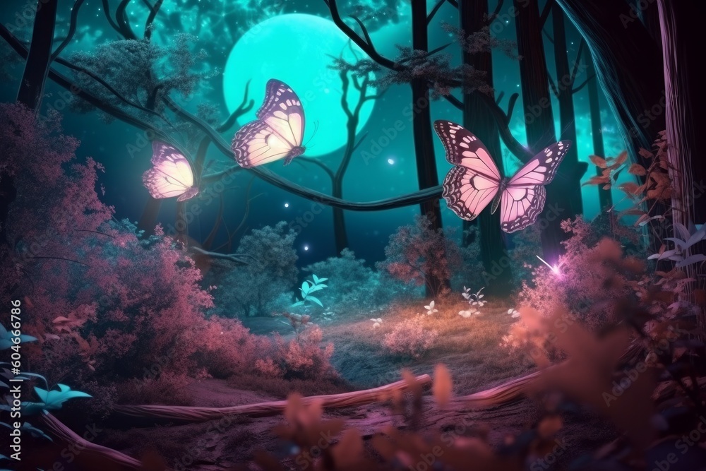 A fairy forest under full moon with 3d butterflies flying around it, in the style of luminous color palette. Generative AI.