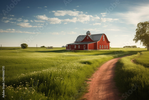 A charming countryside abode. The spacious red farmhouse, with its ample yard and lush greenery, invites a cozy and comfortable living at its best. Generative AI Technology.