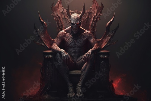 An image of a demon sitting in a throne, in the style of realistic and hyper-detailed renderings. Generative AI.
