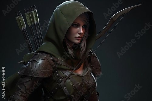 A female green hooded person wearing an arrow, in the style of zbrush, realist portraits. Generative AI. photo