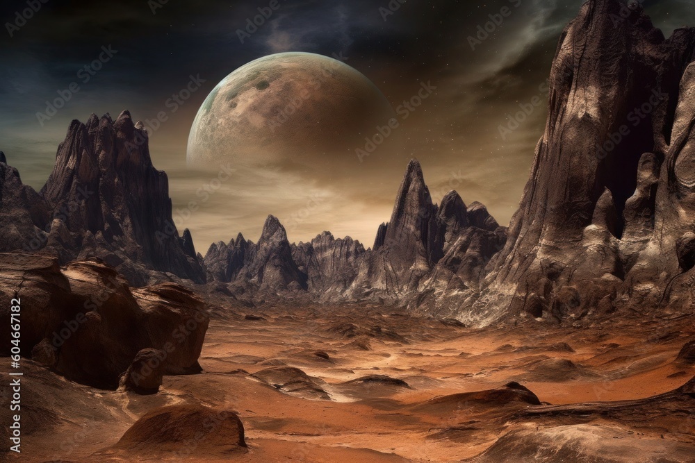 An image showing an alien landscape with a planet coming out of the desert, in the style of photo-realistic landscapes. Generative AI.
