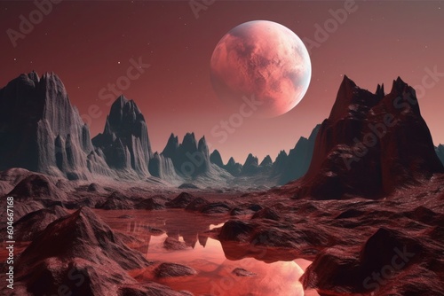 A red sky with mountains near the moon  in the style of sci-fi landscapes  saturated pigment pools. Generative AI.