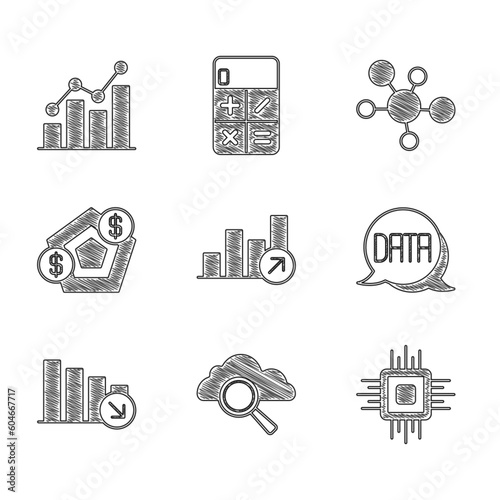 Set Financial growth, Search cloud computing, Processor CPU, Data analysis, decrease, Mind map infographic and Pie chart icon. Vector