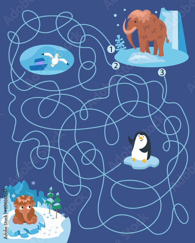 Maze game, activity for kids. Puzzle for children. Help mother find the cub. Which numbered track will lead mom to the baby? The bird? The penguin? Сute baby mammoth on ice floe. Vector illustration.