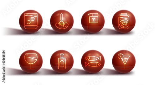 Set line Glass of whiskey, Wine glass, Pickled cucumbers jar, Dried fish, Whiskey bottle, on fork, Martini and Street signboard with Bar icon. Vector