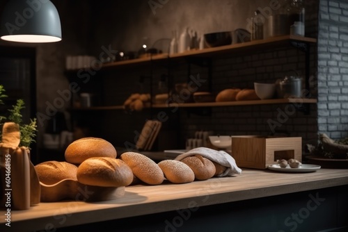 Generative AI a nature and simplistic kitchen in the bread shop Photography photo