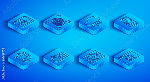 Set line Browser incognito window, Fingerprint, Internet of things, Firewall, security wall, Shield with brick, Smartphone, and System bug icon. Vector