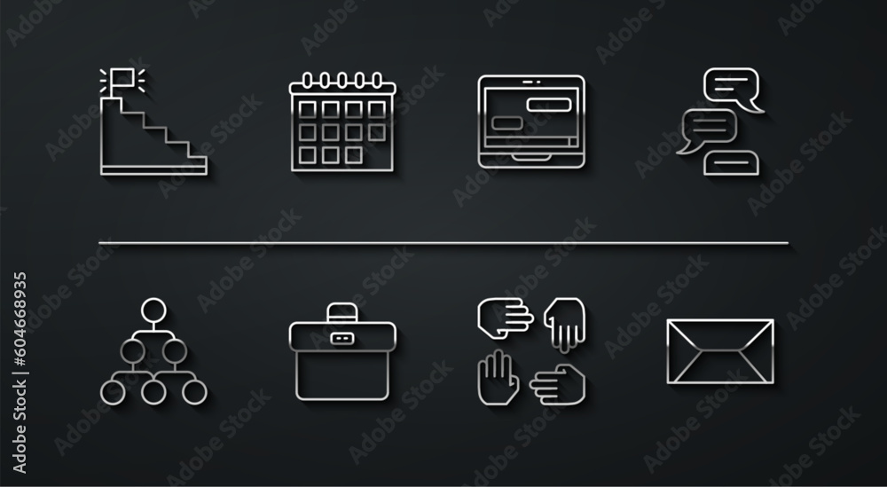 Set line Stair with finish flag, Hierarchy organogram chart, Speech bubble chat, Project team base, Briefcase, Calendar, Envelope and Chat messages on laptop icon. Vector Set line Stair with finish flag, Hierarchy organogram chart, Speech bubble chat, Project team base, Briefcase, Calendar, Envelope and Chat messages on laptop icon. Vector