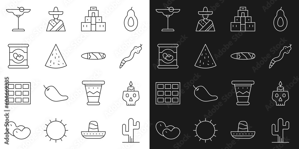 Set line Cactus, Burning candle on skull, Snake, Chichen Itza Mayan, Nachos, Beans, Margarita cocktail and Cigar icon. Vector