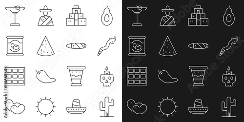 Set line Cactus, Burning candle on skull, Snake, Chichen Itza Mayan, Nachos, Beans, Margarita cocktail and Cigar icon. Vector