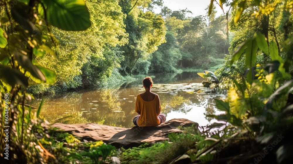 A person fully immersed in nature, sitting by a peaceful river. Practice of mindfulness, focusing on the present moment. Unplug from distractions. Slow living concept. Generative AI. A person fully immersed in nature, sitting by a peaceful river. Practice of mindfulness, focusing on the present moment. Unplug from distractions. Slow living concept. Generative AI.