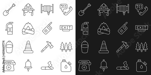 Set line Canister fuel, Forest, Fire exit, hose reel, Campfire, extinguisher, shovel and Walkie talkie icon. Vector