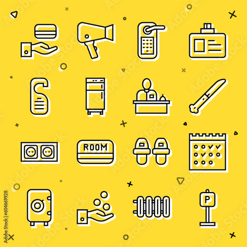 Set line Parking, Hotel booking calendar, Knife, Digital door lock, Refrigerator, Please not disturb, and reception desk icon. Vector