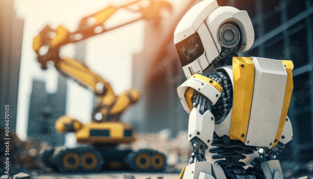 Engaging image of a white engineer robot in yellow vest and hard hat, with vibrant construction site setting ideal for highlighting advanced technology in building industry. Generative AI
