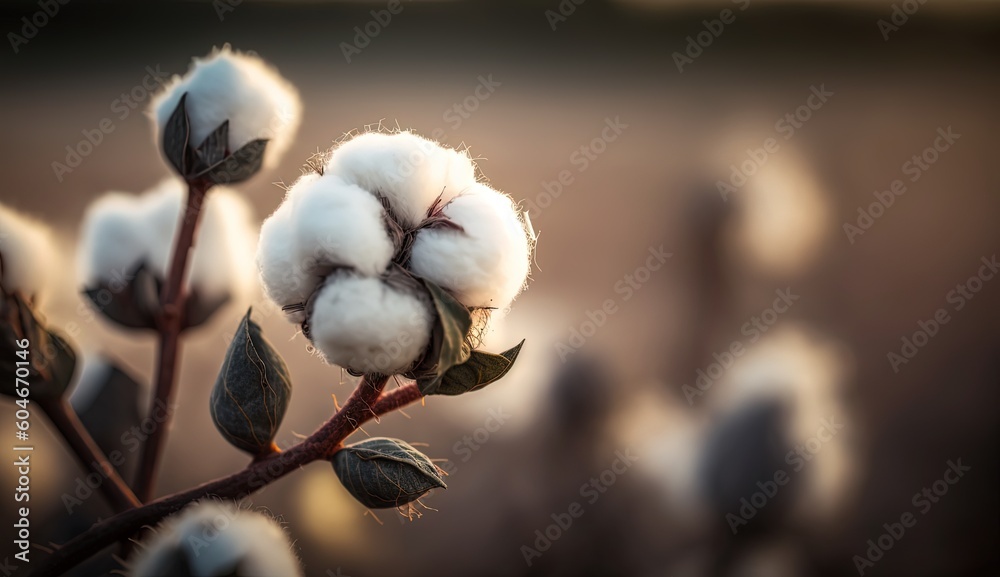 close up ripe cotton with white fiber grow on plantation, Generative Ai - obrazy, fototapety, plakaty 