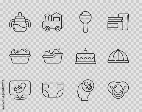Set line Baby, dummy pacifier, Rattle baby toy, absorbent diaper, bottle, bathtub, and hat icon. Vector