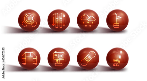 Set line Medal, Winter scarf, Location marker, Snowboard, Action camera, Ski and sticks, Ice hockey puck and Cloud with snow icon. Vector