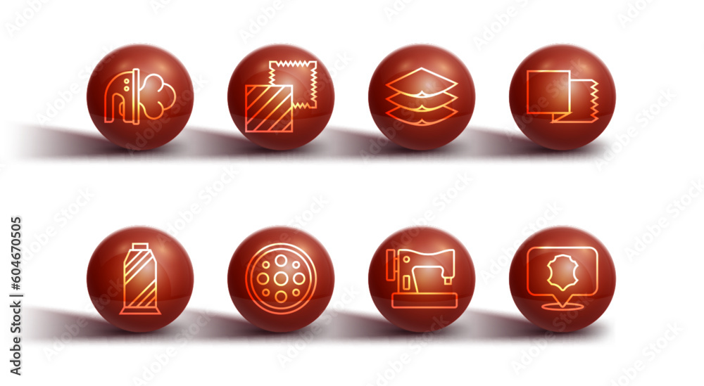 Set line Electric iron, Sewing thread spool, Textile fabric roll, machine, button, Leather and Layers clothing textile icon. Vector Set line Electric iron, Sewing thread spool, Textile fabric roll, machine, button, Leather and Layers clothing textile icon. Vector