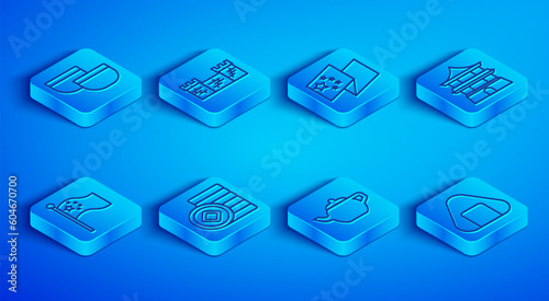 Set line Chinese tea ceremony, Great wall of China, flag, Yuan currency, house, flagpole and Sushi icon. Vector