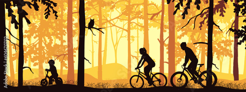 Active family cycling in forest. Mother, father, child, orange silhouette horizontal illustration. Healthy lifestyle outdoor activities. Recreation. Banner. 