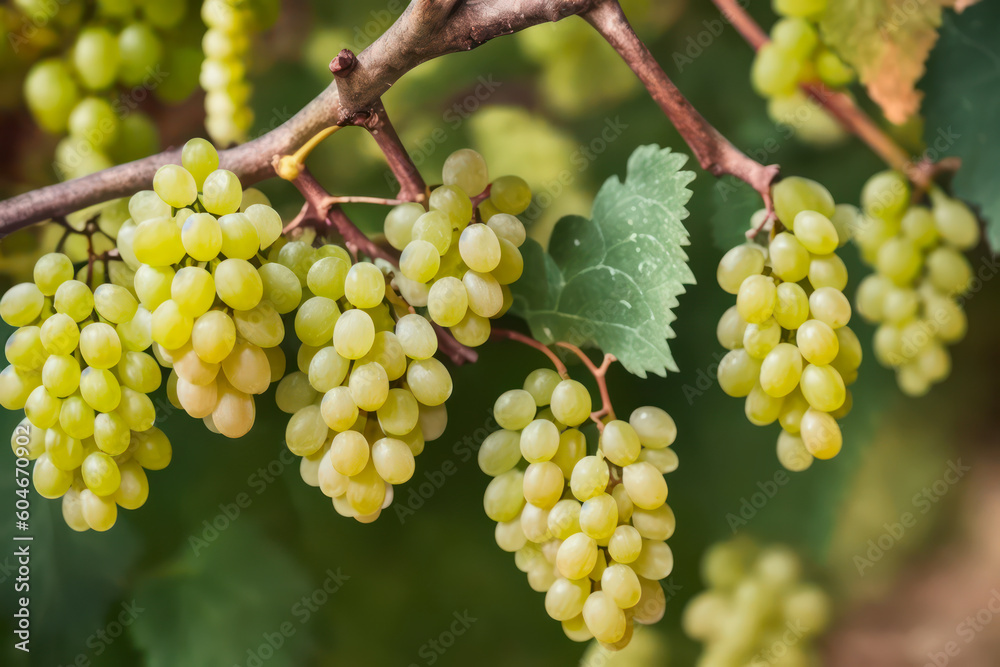 Macro digital photo of bright a bunch of white grapes on a vine with water drops. Wildlife concept of ecological environment. Generative AI