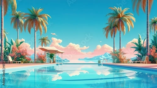 Tropical beach destination landscape with swimming pool and palm trees. Generative ai