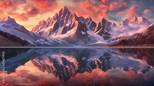 Panorama of Alps mountain range, sunset lights, reflection in lake. Generative ai