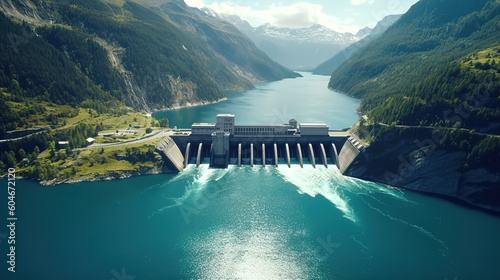 Valokuva Hydroelectric dam with flowing green water through gate