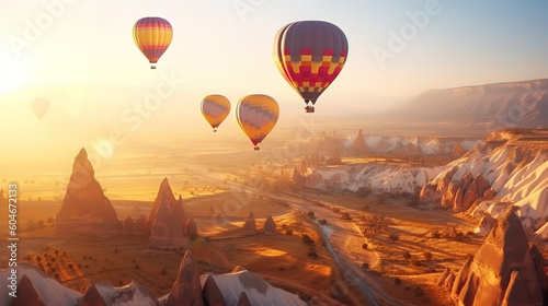 Geological formations in valley with popular travel destination With hot air balloons. Generative ai