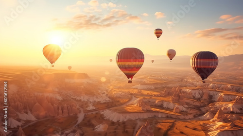 Hot air balloons flying in beautiful Cappadocia hilly landscape. Generative ai