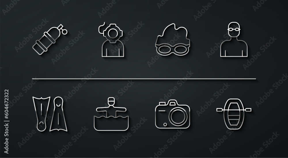 Set line Aqualung, Flippers for swimming, Swimmer, Photo camera, Water gymnastics, Boat with oars and Glasses icon. Vector Set line Aqualung, Flippers for swimming, Swimmer, Photo camera, Water gymnastics, Boat with oars and Glasses icon. Vector