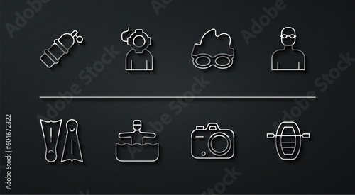 Set line Aqualung, Flippers for swimming, Swimmer, Photo camera, Water gymnastics, Boat with oars and Glasses icon. Vector