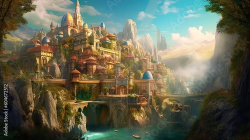 illustration scenery of fairytale village on mountain cliff, Generative Ai