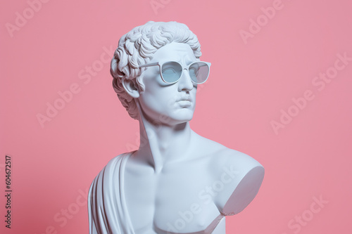 Antique bust of a man in sunglasses. AI generated image.