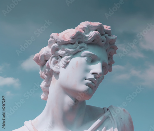 Antique sculpture of man on sky background. AI generated image.