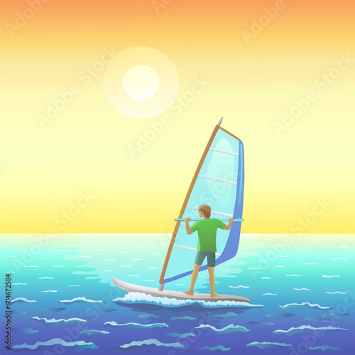 A man on a windsurfing board with a sail floats on the waves in the sea at sunset. A man on a plank with a sail. The sea and yachts. Windsurfing and other sports. Vector illustration.