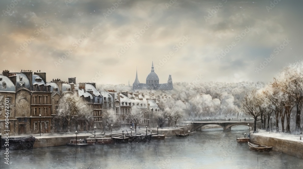 watercolor illustration of urban cityscape in winter season, snow fall cover town, Generative Ai