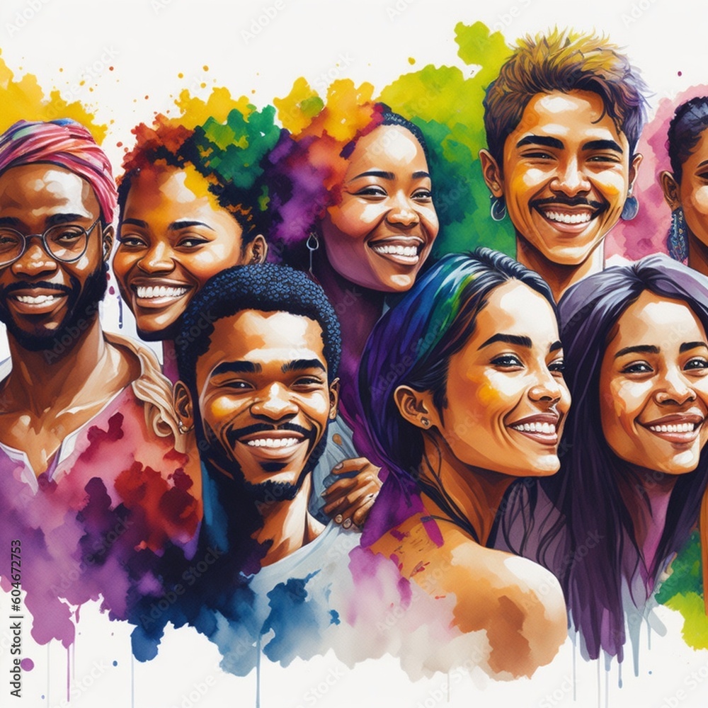 Watercolor illustration with young people of various ethnicities celebrating youth day #16. Generated ai