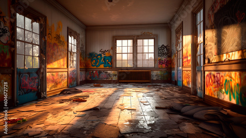 a run down building with graffiti on the walls and windows and a broken door and window pane in the middle of the room with a broken window. Generative AI illustrator photo