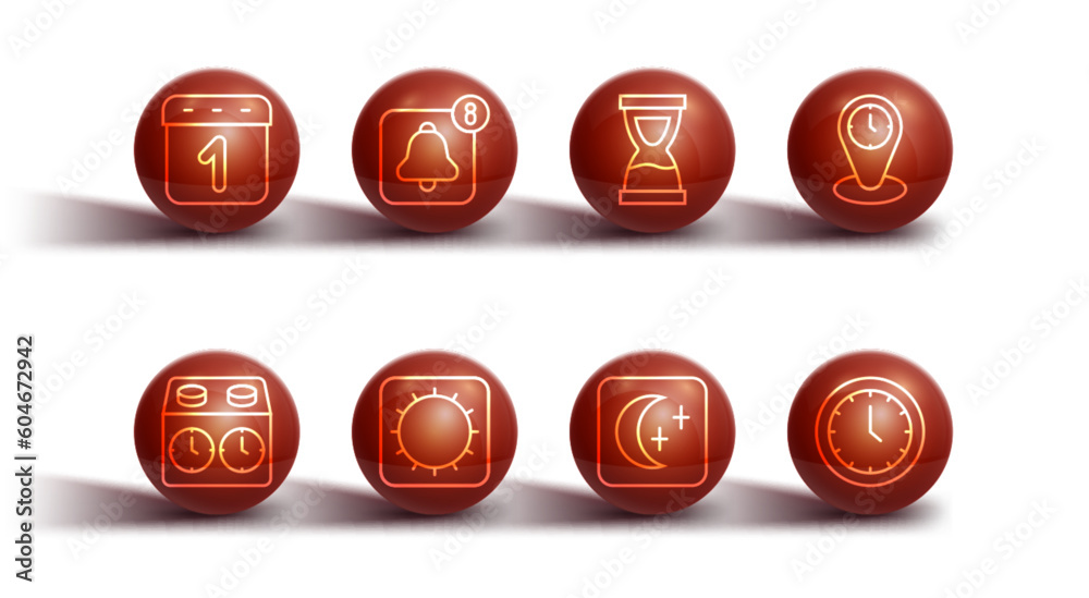 Set line Calendar, Time chess clock, zone clocks, Moon and stars, Sun, Alarm app mobile, Clock and Old hourglass icon. Vector Set line Calendar, Time chess clock, zone clocks, Moon and stars, Sun, Alarm app mobile, Clock and Old hourglass icon. Vector