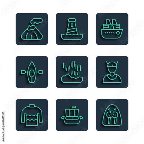 Set line Sweater, Viking ship Drakkar, Walrus animal, Cruise, Northern lights, Kayak and paddle, Volcano and head icon. Vector