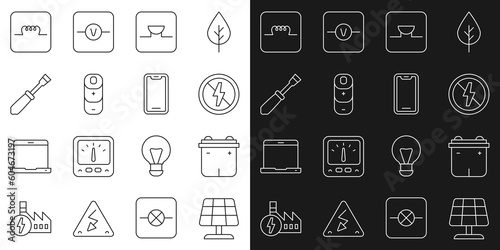 Set line Solar energy panel, Car battery, No lightning, Buzzer electronic circuit, Battery charge, Screwdriver, Inductor and Mobile phone icon. Vector