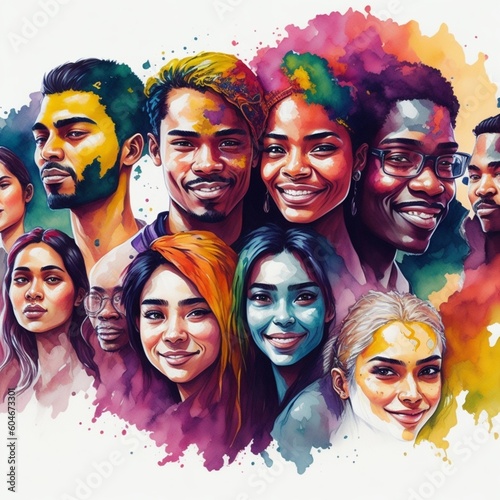 Watercolor illustration with young people of various ethnicities celebrating youth day #6. Generated ai